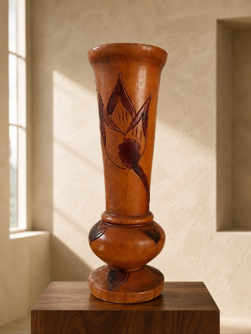Vintage Haitian Hand Carved Wood Vase Folk Art Turned Floral Vessel 10"